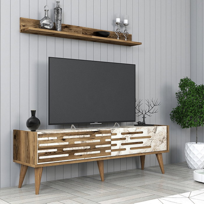 Hanah Home Valensiya 140 Mueble de TV 140cm Nogal, Blanco y Mármol